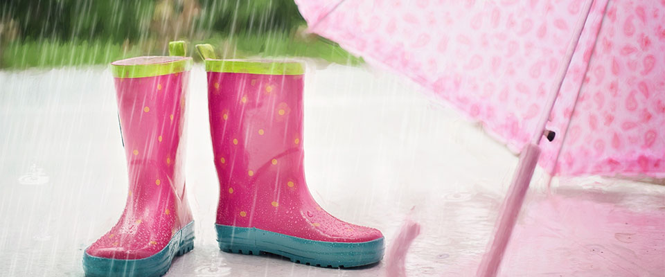 rain, umbrella and wellington boots