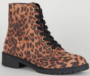 Stone Leopard Print Suedette Hiker Boots