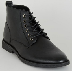 Black Leather-Look Lace Up Boots